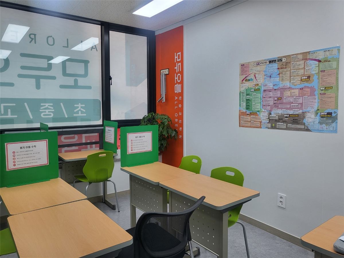용인백현점 교실 — 연두색 칸막이를 세운 책상들이 놓여 있고, 오른쪽 벽에 한 장짜리 영문법 지도가 크게 붙어 있다. 지도에는 명사·동사·형용사·부사·전치사·접속사·감탄사 같은 품사 이름이 지역처럼 색깔별로 나뉘어 표시되어 있다. 왼쪽 유리창에는 초·중·고라고 적힌 문구가 보인다